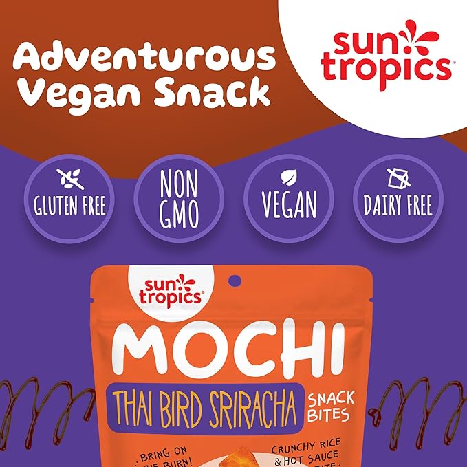 Sun Tropics Mochi Snack Bites, Thai Bird Sriracha Flavor- 3.5 oz (6 Pack)| Crispy Spicy Mochi Bites, Rice Nuggets | Mochi Puff Rice Crackers- Gluten Free & Dairy Free- No MSG Added | Asian Rice Snacks