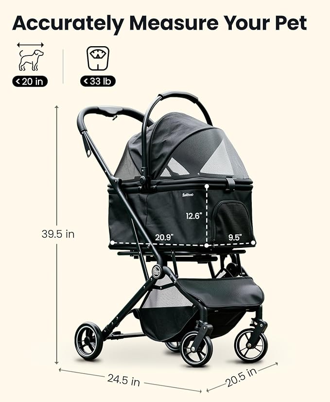 4 Wheels Pet Stroller, Dog Stroller for Small/Medium Dogs and Cats up to 33 lbs, One-Click Fold & Draggable, Removable Carrier, Zipperless Entry, Mesh Windows, Black