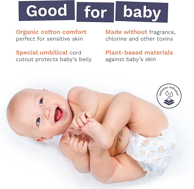 Pura Size 1 Eco-Friendly Diapers (4-11lbs) Hypoallergenic, Soft Organic Cotton Comfort, Sustainable, Wetness Indicator, Allergy UK, Newborn, Bulk Buy, 6 Packs of 32 (192 Baby Diapers)