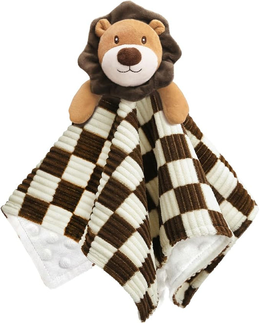 Baby Lovey Blanket for Boys Girls Super Soft Checkerboard Gingham with Minky Dot Fabric Backing Lion Lovely Black 14 Inch