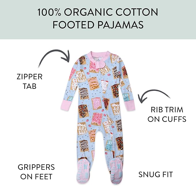 HonestBaby Non-Slip Footed Pajamas One-Piece Sleeper Zip-Front Pjs 100% Organic Cotton for Baby Girls