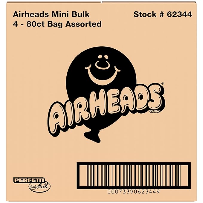 Airheads Mini Bars, Halloween Trick or Treat Candy, Assorted Flavors Variety Pack, Individually Wrapped Bulk Candy for Adults & Kids, Party, Pantry, Non-Melting, 80 ct Bag (Box of 4 Bags)