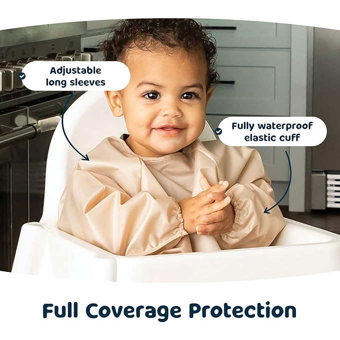 Tiny Twinkle Mess Proof Baby Bibs, 2pk Waterproof Smock Baby Bibs for Eating, Machine Washable Long Sleeve Bibs, Baby Led Weaning, Toddler Bibs, BLW Supplies (Sand Cinnamon, Large 2-4 Years)