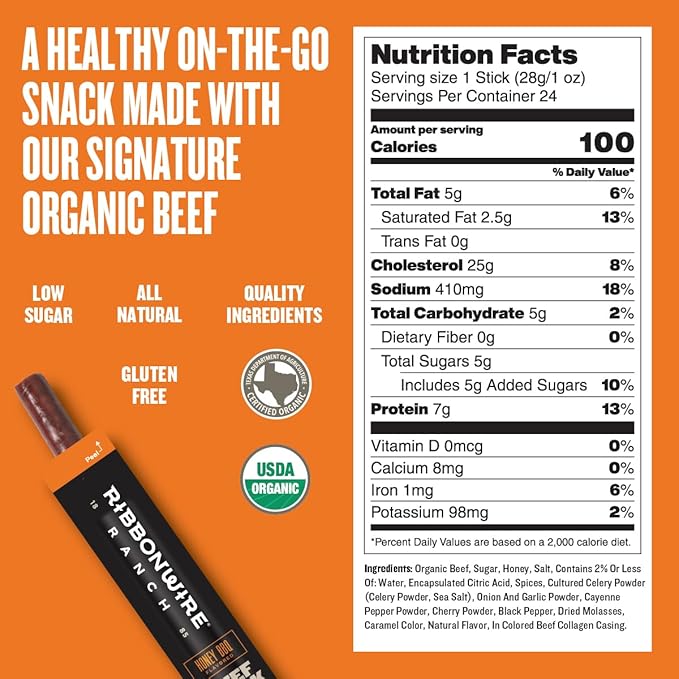 Ribbonwire Ranch Beef Sticks, Made with Organic Beef, Pasture Raised, High Protein Snack, Healthy, Low Carb, Keto Friendly, Gluten Free, Nitrate Free, On the Go, 1 Oz Sticks, Honey BBQ Flavor, 12 Pack