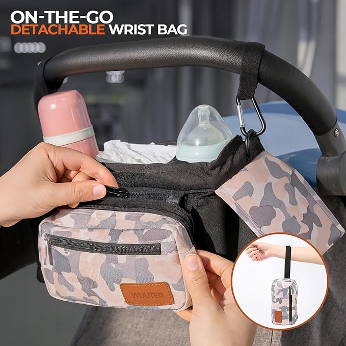 Universal Stroller Organizer with Cup Holder & Detachable Wristlet Large Baby Stroller Bag for Mom, Uppababy, Baby Jogger, Britax, BOB & Umbrella Strollers (Multicolor)