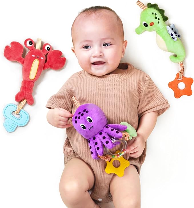 TUMAMA Baby Toys 0 3 6 12 Months, Hanging Stroller Toys Soft Marine Animal Crib Car Seat Toys, Crinkle Infant Rattles with Teether Squeaky Sensory Developmental Toy for Newborn