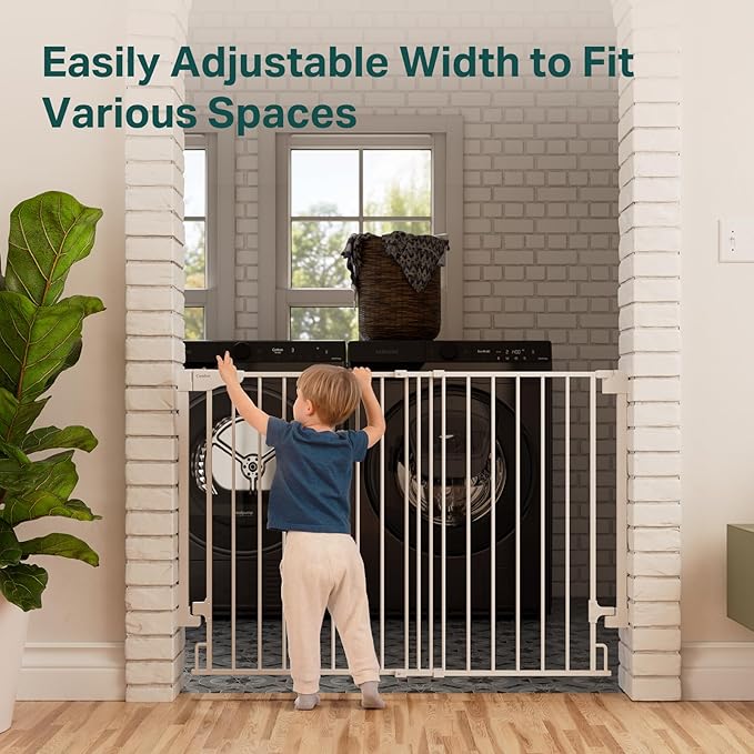 Cumbor 34" Extra Tall Baby Gate for Stairs, Wall-Mounted (Drill Required), Expandable 31.6-48" No Bottom Bar Dog Gate Indoor for Larger Pets, Large Walk Thru Door for Easy Access (White)