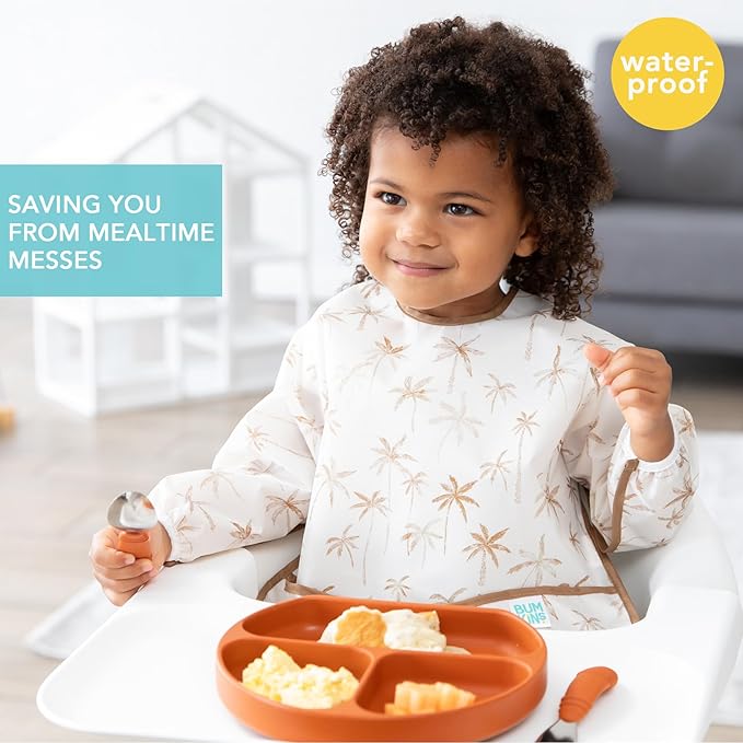 Bumkins - Sleeved Bib - For Boys & Girls, Babies & Toddlers 6-24 Months - Lightweight, Durable, Waterproof - Long Sleeve Bib - Catch-All Pocket - Wipeable & Machine Washable - Checks & Palms - 2 Pack