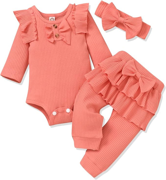 Aalizzwell Preemie Newborn Infant Baby Girls Clothes Ribbed Bodysuit Pants Set Fall Winter Outfits