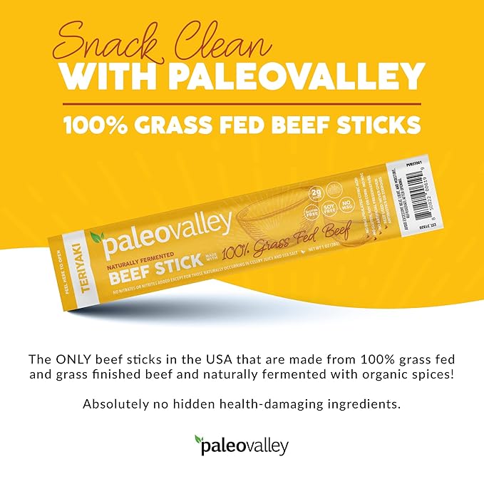 Paleovalley 100% Grass Fed Teriyaki Beef Sticks - Delicious Gluten Free Beef Snack - High Protein Keto Friendly