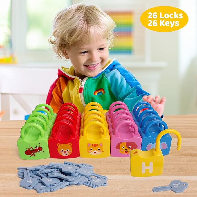 Color Alphabet Learning Lock Toys Educational Letter Combination-with 26 Locks, 26 Keys Montessori Preschool Alphabet Learning Game for Ages 3 yrs+
