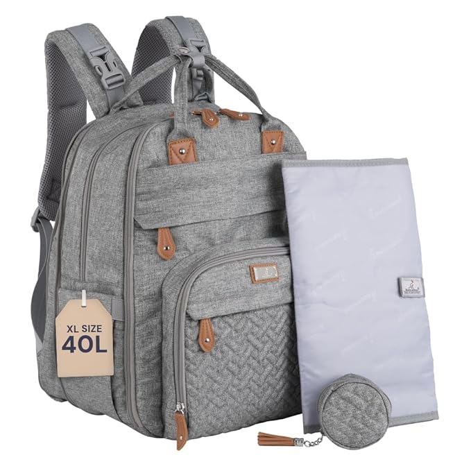 BabbleRoo Extra Large Diaper Bag Backpack, Expandable Baby Bag with Up to 50% More Capacity - Travel Essentials Baby Bag Tote with Changing Pad, Stroller Straps & Pacifier Case - Unisex, Light Gray