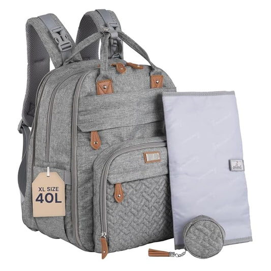 BabbleRoo Extra Large Diaper Bag Backpack, Expandable Baby Bag with Up to 50% More Capacity - Travel Essentials Baby Bag Tote with Changing Pad, Stroller Straps & Pacifier Case - Unisex, Light Gray