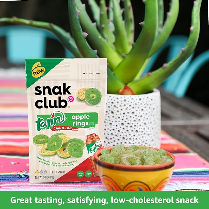 Snak Club Tajin Apple Rings, Sweet & Tasty Gummy Snacks, 11oz Family Size, Resealable Bag, 6 Count