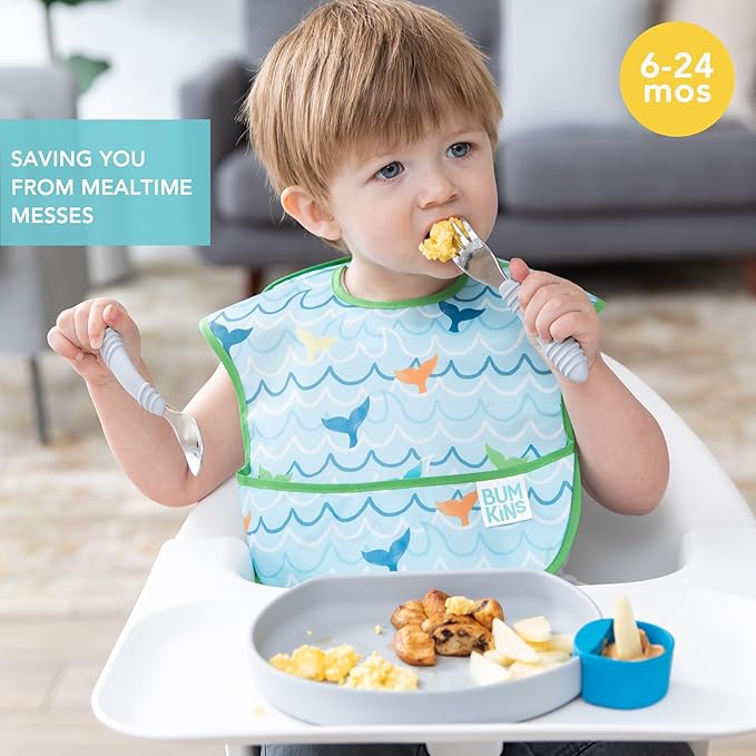 Bumkins - SuperBibs + Sleeved Bib - For Boys & Girls, Babies & Toddlers 6-24 Months - Lightweight, Durable, Waterproof - Catch-All Pocket -Wipeable & Machine Wash -Ocean Life & Whale Tail Blue -3 Pack