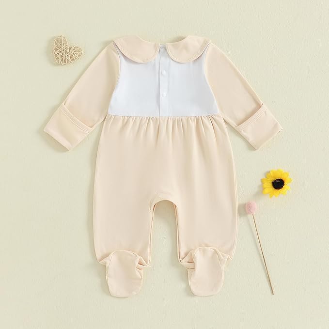 Newborn Baby Girl Footed Romper Onesie Little Sister Embroidery Fall Clothes Coming Home Outfit Vintage Jumpsuit