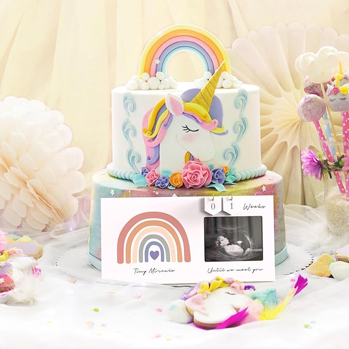 Rainbow Baby Sonogram Picture Frame Countdown Weeks, Pregnancy Announcement Ideas, 4"x3" Ultrasound Photo, Gender Reveal Baby-Shower Gift for New Mom Dad Expecting Parents Grandparents to Be Keepsake