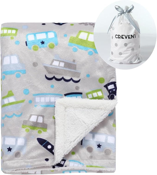 CREVENT Minky Baby Blanket for Girls Boys, Soft Plush Receiving Blanket for Newborns - 30x40 Inches (Vehicle)