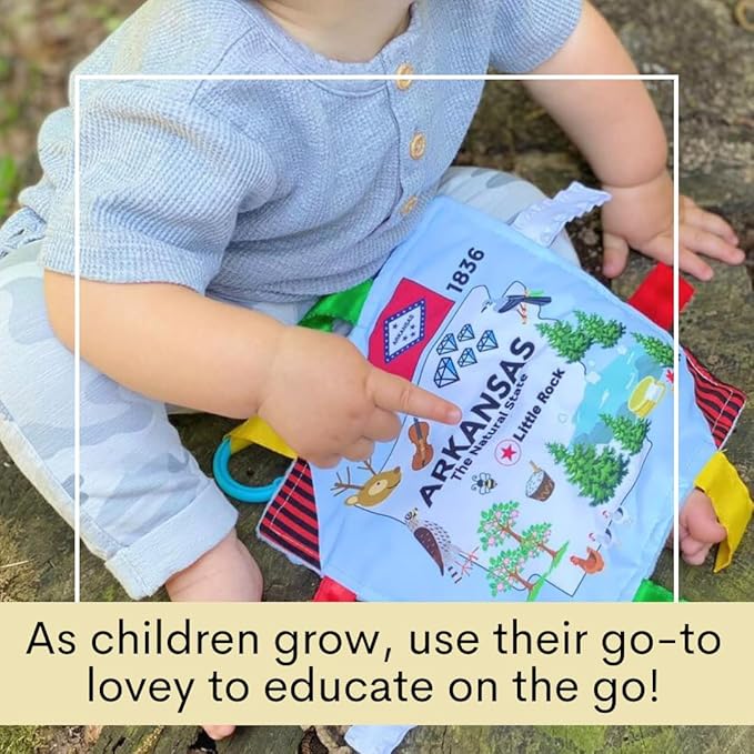 Baby Jack & Co 8x8” Learning Lovey Arkansas State Tag Stroller Toy for Babies - Crinkle Toys for Developing Five Senses - Learn About Capitals - Travel with Baby Jack - BPA Free Clip