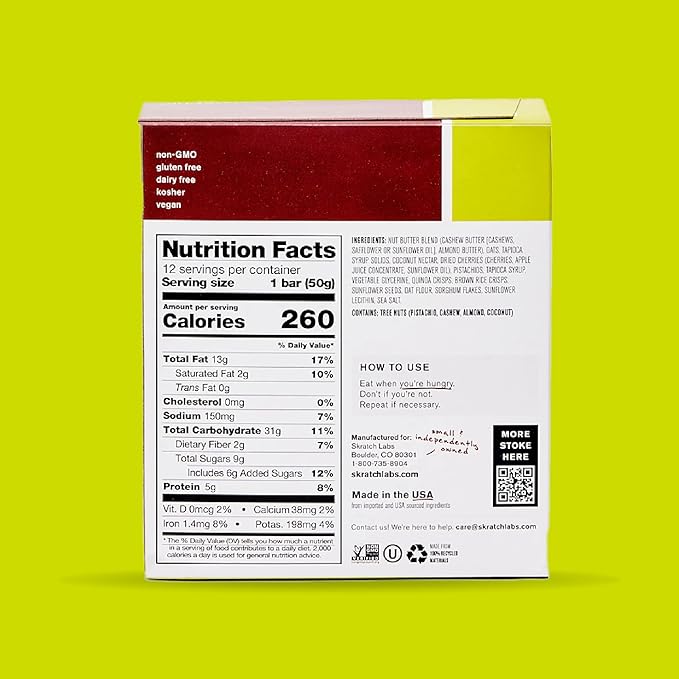 Skratch Labs Energy Bar | Cherry + Pistachio (12 Pack) | Plant Based Healthy Snack | Low Sugar - 5g Protein | Non-GMO, Gluten Free, Soy Free, Vegan, Kosher