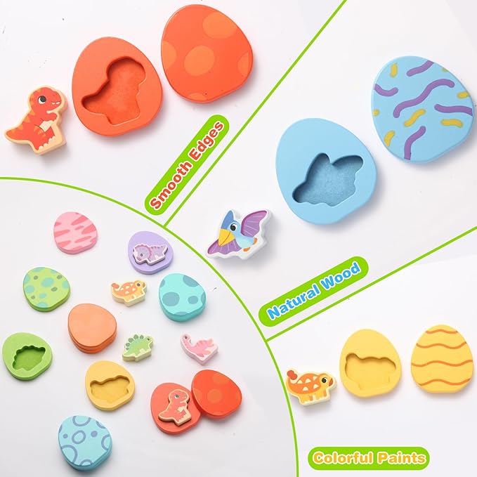 10 Pcs Wooden Puzzles for Toddlers 1-3 Year Old, 8 Pcs Colored Dinosaur and Egg Pairing Toys, Montessori Toys for Preschool Education for Toddlers
