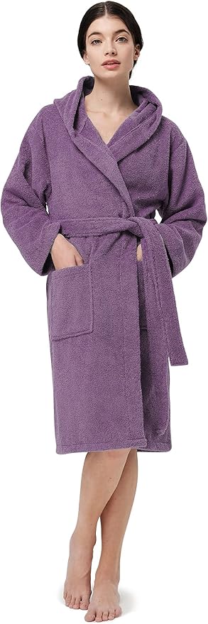 SIORO Womens Hooded Terry Cloth Robe, Cotton Absorbent Knee-Length Bathrobe, Housecoat with Pockets for Spa & Shower