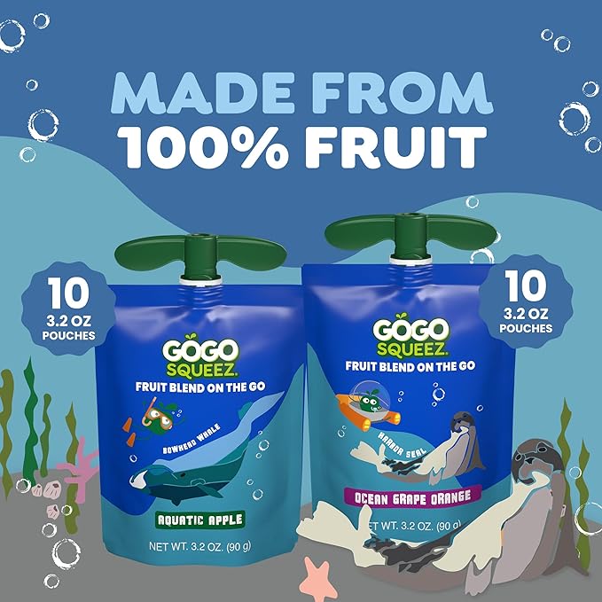 GoGo squeeZ Applesauce and Fruit Puree Underwater Species Discovery Pack, Aquatic Apple and Ocean Grape, 3.2 oz Pouches (Pack of 20), Unsweetened Snacks for Kids, BPA Free Pouches