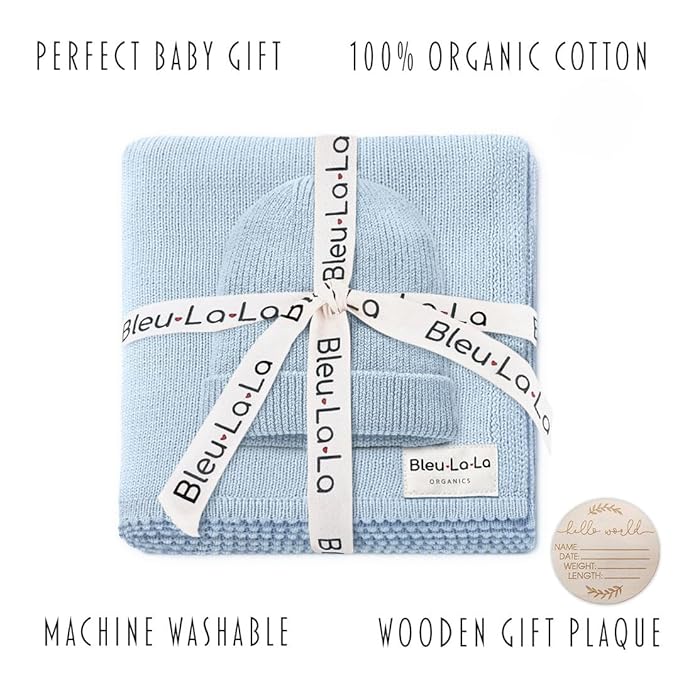 Luxe Collection 100% Organic Luxury Knit Baby Blanket + Hat Set (Sky Blue)