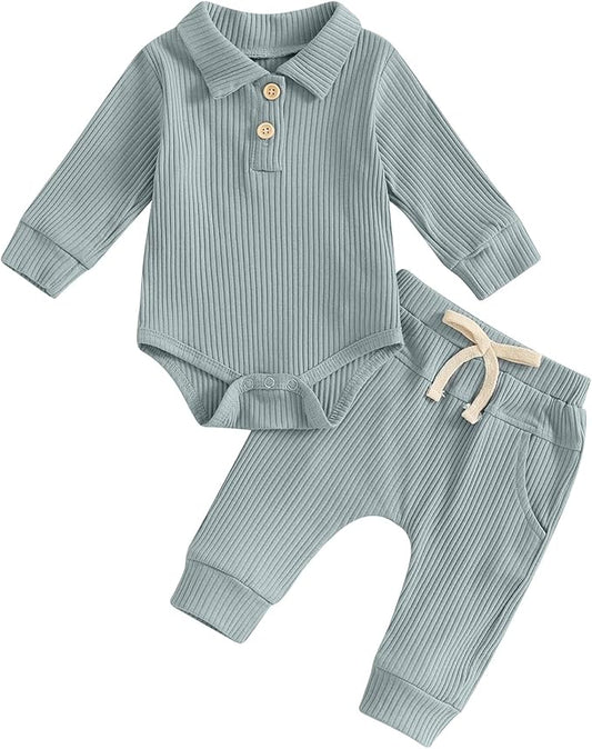 Newborn Baby Boy Girl Clothes Ribbed Knitted Long Sleeve Romper Pants Solid Cotton Infant Fall Winter Outfits 2Pcs