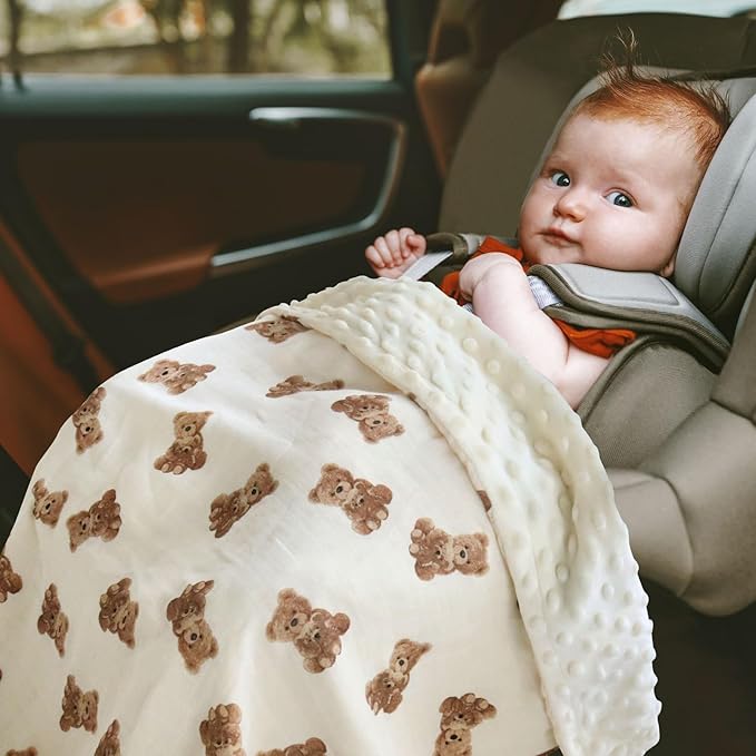 LifeTree Baby Girl & Boy Blankets, Soft Double Layer Swaddle Blankets, Muslin Front and Dotted Fleece Backing Receiving Bed Throw Blanket for Newborn Unisex, 31X40 Inches, Bear Pattern