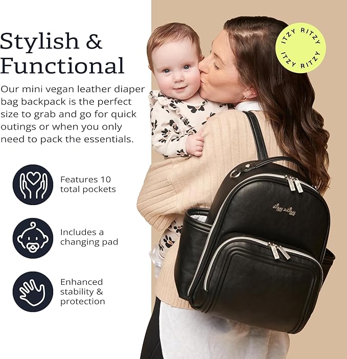 Itzy Ritzy Unisex Baby Mini Diaper Bag, Black with Silver Hardware-Plus