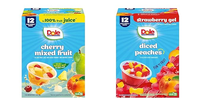 Dole Fruit Bowls Cherry Mixed Fruit in 100% Juice 4oz (12 Cups), and Dole Fruit Bowls Peaches in Strawberry Flavored Gel, 4.3oz (12 Cups), Back To School Healthy Snack