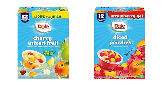 Dole Fruit Bowls Cherry Mixed Fruit in 100% Juice 4oz (12 Cups), and Dole Fruit Bowls Peaches in Strawberry Flavored Gel, 4.3oz (12 Cups), Back To School Healthy Snack