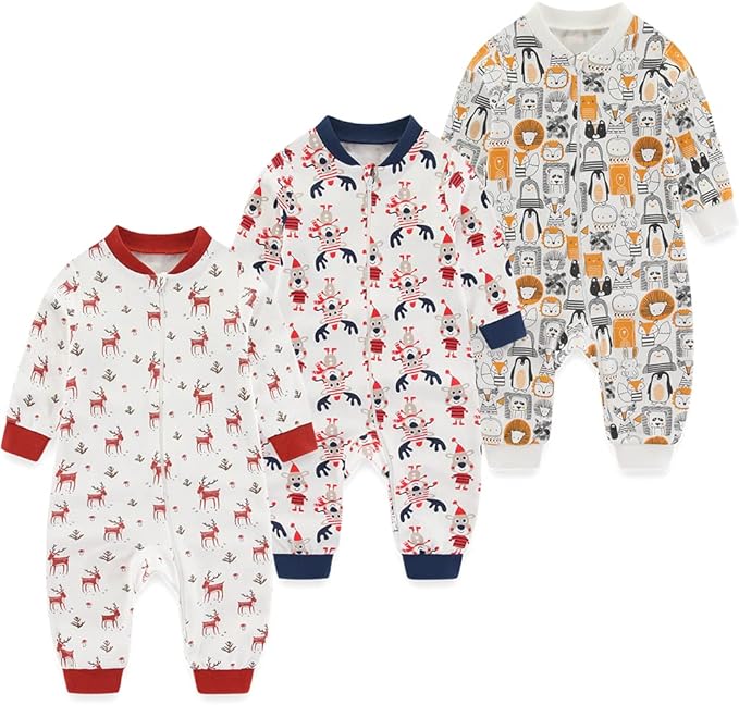 Newborn Baby 2-way Zipper Romper Cotton One-piece Jumsuit 3-pack, 0-24 Months