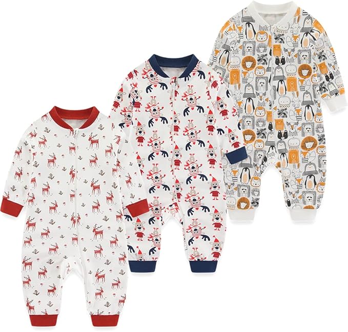 Newborn Baby 2-way Zipper Romper Cotton One-piece Jumsuit 3-pack, 0-24 Months