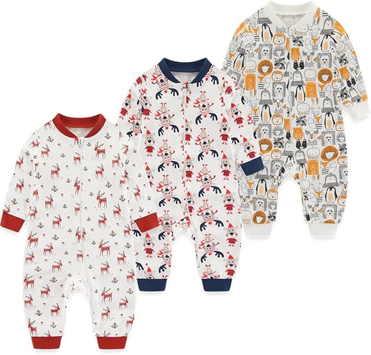 Newborn Baby 2-way Zipper Romper Cotton One-piece Jumsuit 3-pack, 0-24 Months