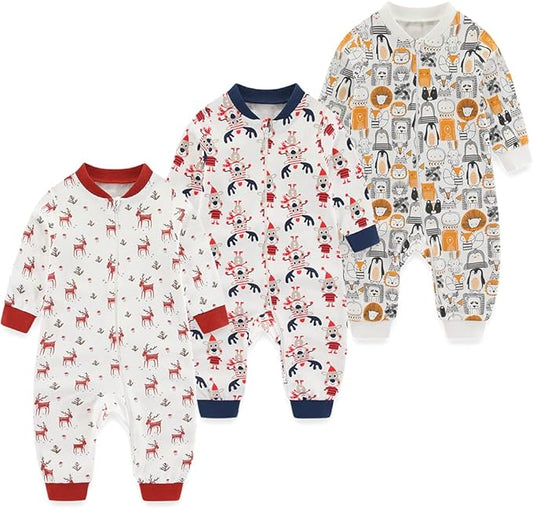 Newborn Baby 2-way Zipper Romper Cotton One-piece Jumsuit 3-pack, 0-24 Months
