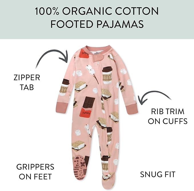 HonestBaby Non-Slip Footed Pajamas One-Piece Sleeper Zip-Front Pjs 100% Organic Cotton for Baby Girls