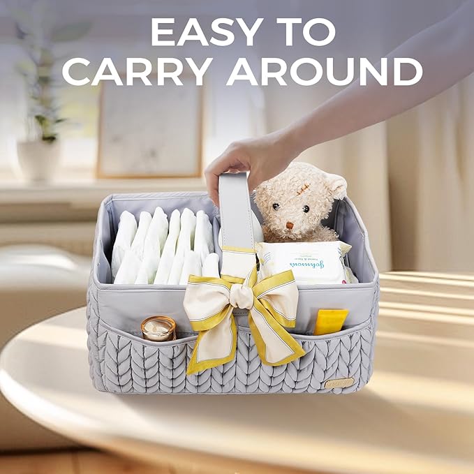 Luxurious Baby Diaper Caddy, Nursery Storage Basket for Newborn Boy and Girl, Travel Baby Basket for Diapers Baby Wipes, Organizer Tote Bag Storage Bin, Baby Shower Gifts (light gray)