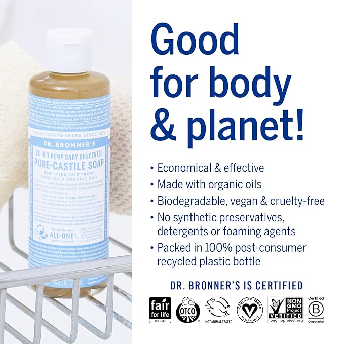 Dr. Bronner's Baby Unscented Gift Set - Pure-Castile Liquid and Bar Soaps, Organic Magic Balm, and 4-in-1 Organic Sugar Pump Soap