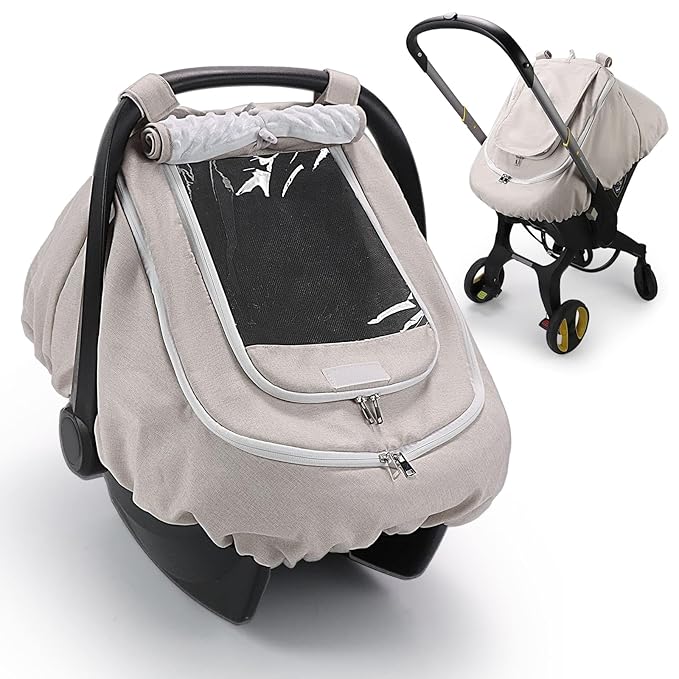 Waterproof Car Seat Cover for Baby, 2-Layer Car Seat Rain Cover with Clear Window & Sunshade & Mesh Cover, Universal Infant Carseat Canopy for Stroller, Protect from Rain and Snow - Beige