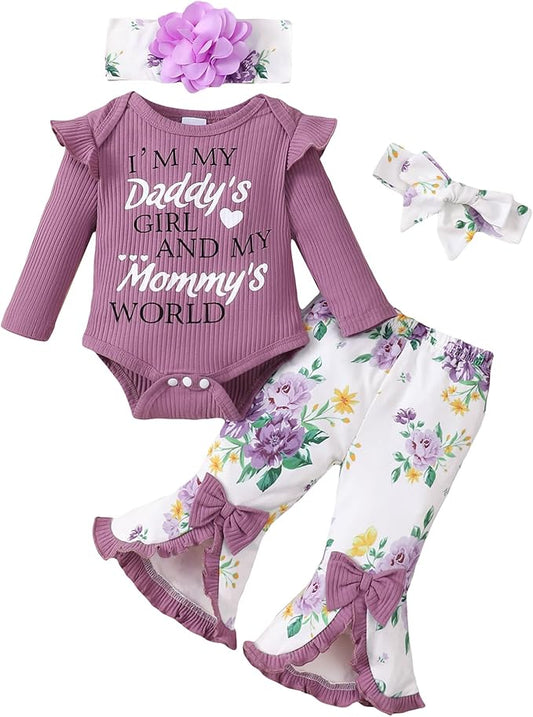 SUNNY PIGGY Newborn Baby Girl Clothes Infant Outfits Romper Floral Fall Outfit Bell Bottoms Pant Sets Hat Headband Flowerpant