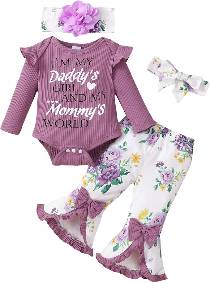 SUNNY PIGGY Newborn Baby Girl Clothes Infant Outfits Romper Floral Fall Outfit Bell Bottoms Pant Sets Hat Headband Flowerpant