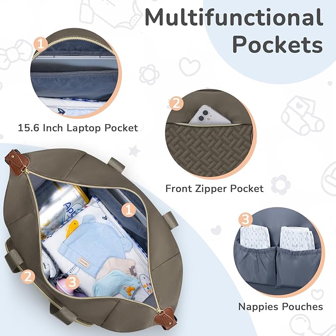 Diaper Bag Tote, Baby Bag Travel Diaper Tote Bag with Pacifier Case, Cute Maternity Hospital Baby Stylish Diaper Tote for Mom Dad Khaki