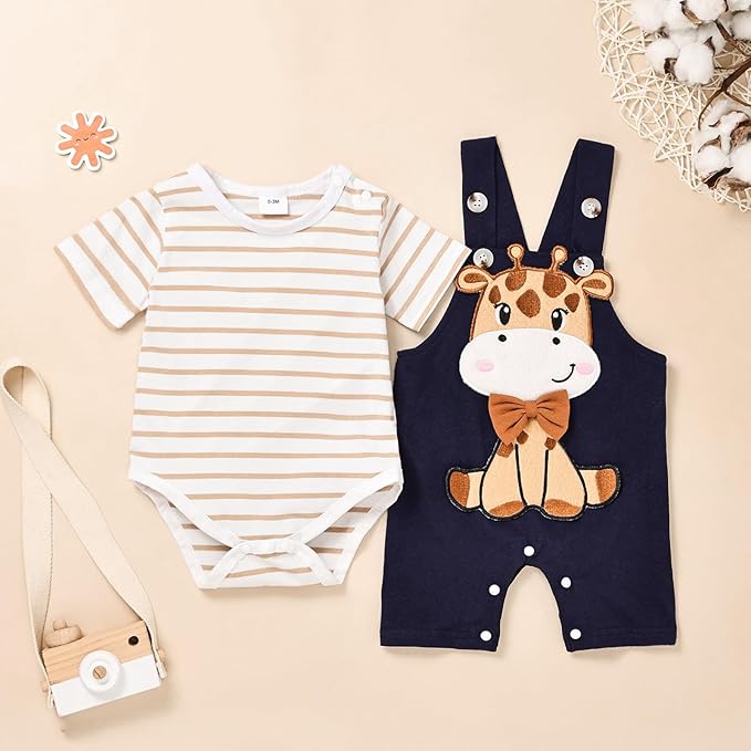 Baby Boy Clothes Newborn Outfits Stripe Romper Infant Cartoon Overall Adjustable Suspender Pants Set 0-18 Months