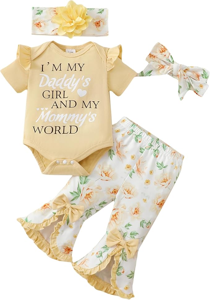 SUNNY PIGGY Newborn Baby Girl Clothes Infant Outfits Romper Floral Fall Outfit Bell Bottoms Pant Sets Hat Headband Flowerpant