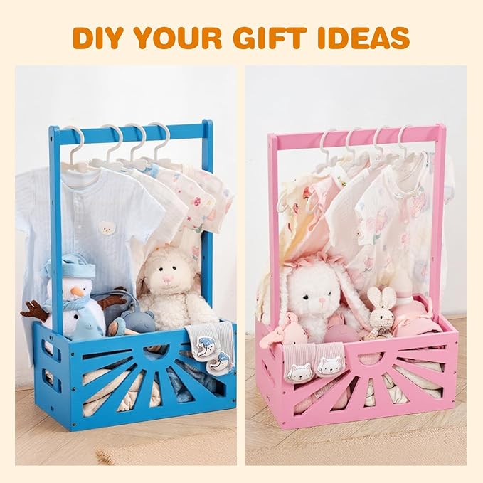 Wooden Baby Shower Crate Closet, Baby Basket with Adjustable Handle, Baby Clothing Rack，Storage Crate Hamper, Baby Shower Wooden Gift Crate, Baby Personailzed Basket for Pregnancy New Parent