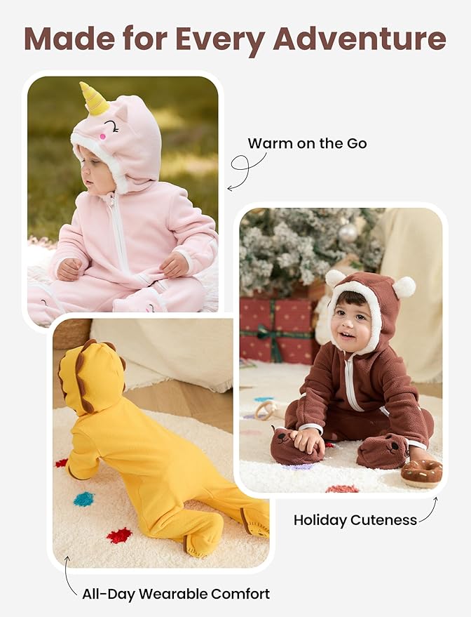 PATPAT Fleece Hooded Footed Romper Clothes, Soft Warm Footie Covers, Car Seat Friendly, Easy Zip, Cute Boy Girl