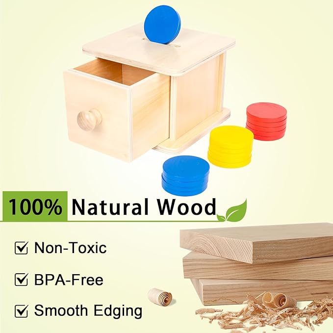 Adena Montessori Coin Box,Object Permanence Box Toys for 1 Year Old Baby Coins,Wooden Montessori Ball Drop Developmental Toys for 6-12 Month Infant,Learning Kids Gifts(Typical Drawer Comes Out)