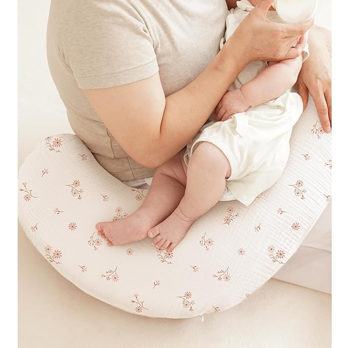 Muslin Nursing Pillow Covers, 2 Pack, Soft & Adorable Slipcovers with Zipper Closure, 100% Cotton Covers for Breastfeeding Pillows (Pink, Flower)